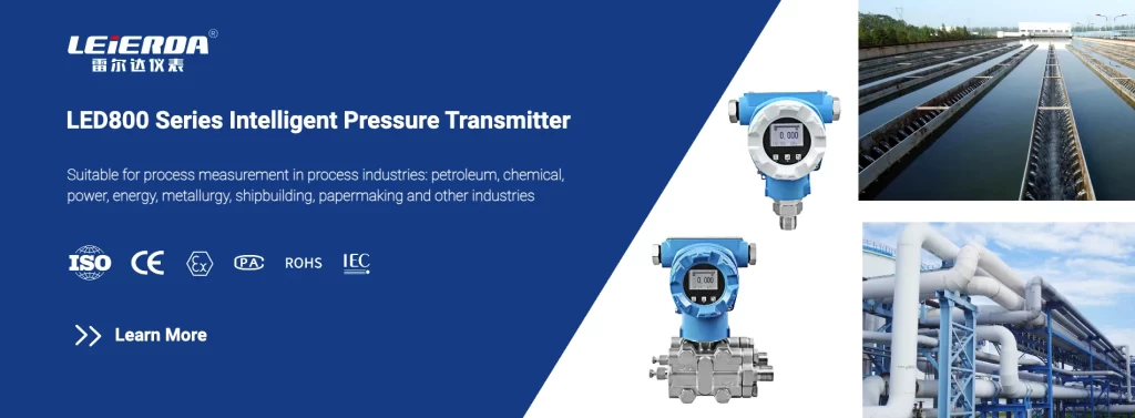 Leierda LED800 pressure transmitter mounted on the main water line to measure outlet pressure with IP68 protection